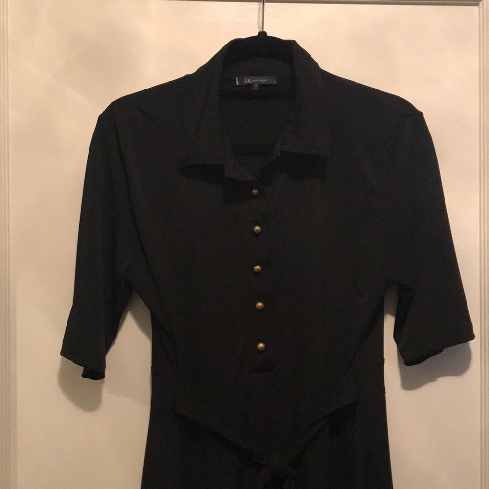 Ann Klein, black tie back dress with brass buttons